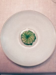 Gastrologik - made of raw Smögen shrimps with cucumber, black currant leaves and cilantro seeds