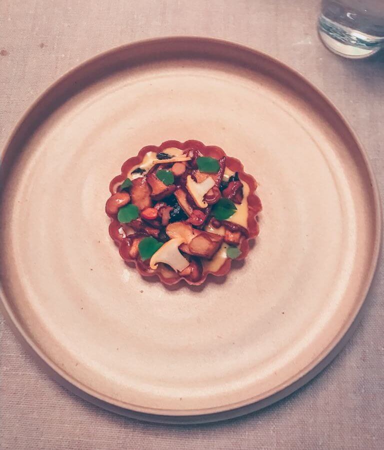 Gastrologik - crispy pancakes filled with tiny cep, polypore and chanterelle mushrooms, topped with lingonberries and rowan berries