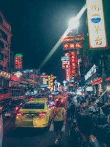Yaowarat Road Bangkok Chinatown at night with neon lights