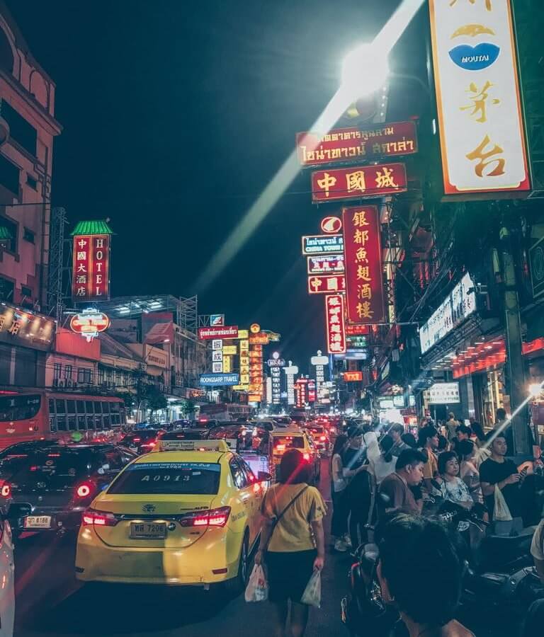 Yaowarat Road Bangkok Chinatown at night with neon lights