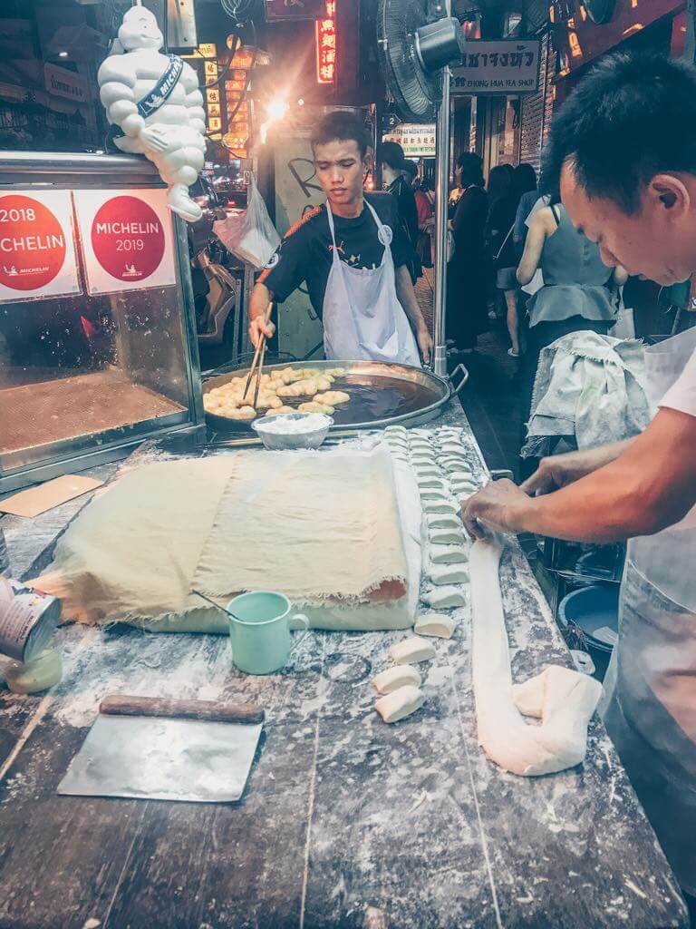 Yaowarat Road Bangkok Chinatown dessert Pa Tong Go Savoey foodstall making of