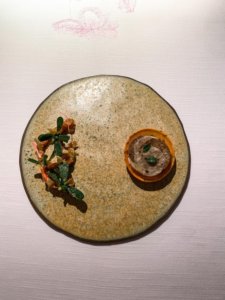 Rosette, purslane, local beans, local pit cheese, rose and walnuts & Istrian summer truffle bite.